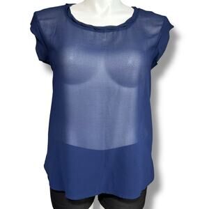 Spense Womens Sheer Blouse Shirt Top Cap Sleeve Round Neck Pullover Blue Large
